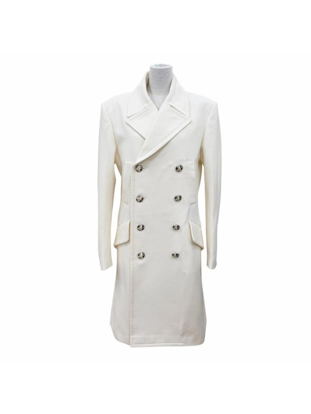 Chanel Wool Cashmere CC Logo Button Long Length Coat White 46
